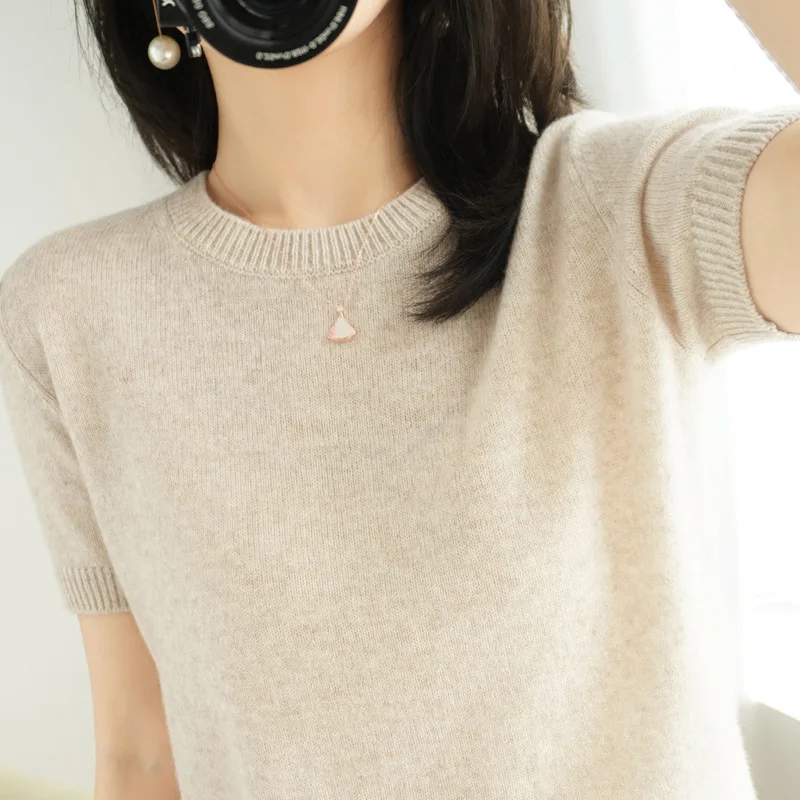 Suéter de punto de manga corta con cuello redondo para mujer, camiseta con capa Base, Top corto para primavera y otoño, estilo informal y elegante