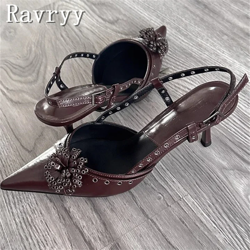 

Designer New Pointed Toe Wpmen Pumps Rivet Flowers Decor Thin Heels Wedding Banquet Dress Mule Ladies Sandals