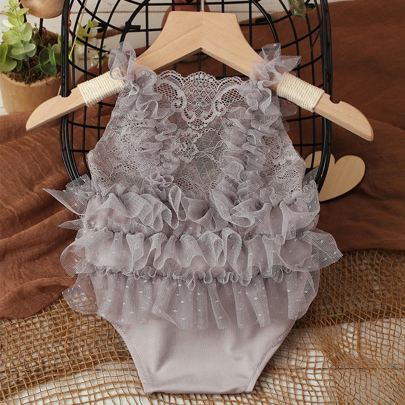 Ylsteed Pink Gray Newborn Lace Romper Photography Outfits Baby Girl Photo Shooting Clothes