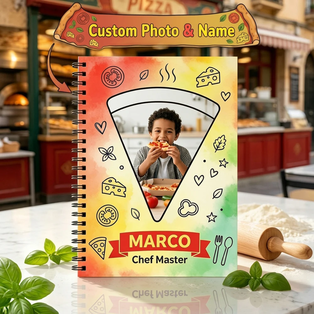1pc Custom Name Spiral Journal Notebook,Editable Child Photo Pizza Frame,Primary Students,Cooking Class Notes,Recipe Notebook