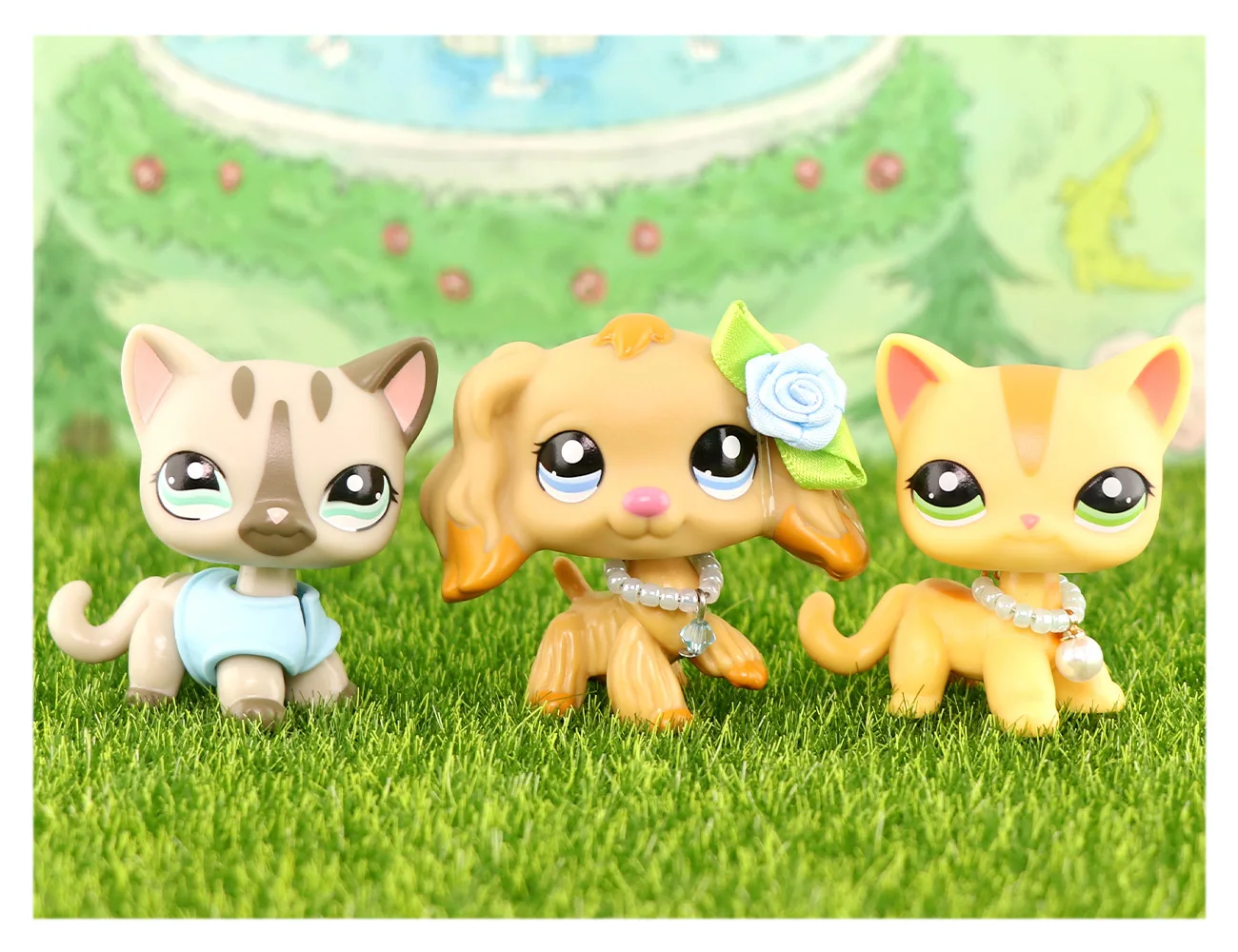 

3pcs Mini Pet Shop Figure Toy Shorthair Cat #792 #1905 Cocker Spaniel #1716 with Accessories Kids Gift Cute Toy