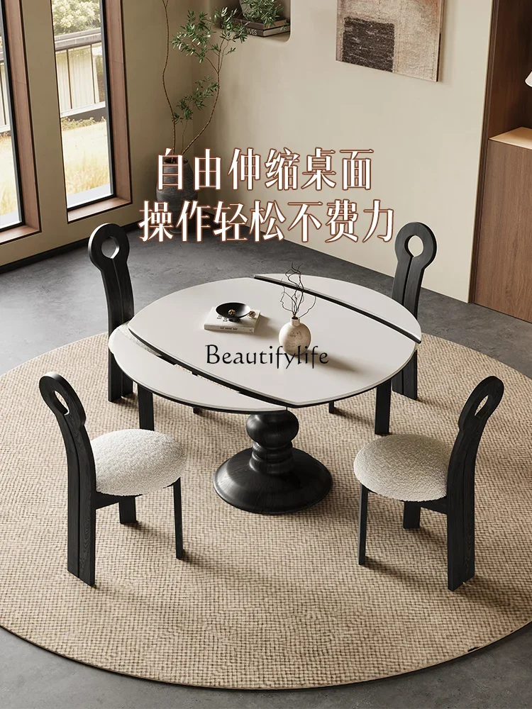 

yj5 French Retro Solid Wood Rock Board Extendable Dining Table Round Small Apartment Convertible Round Table Foldable