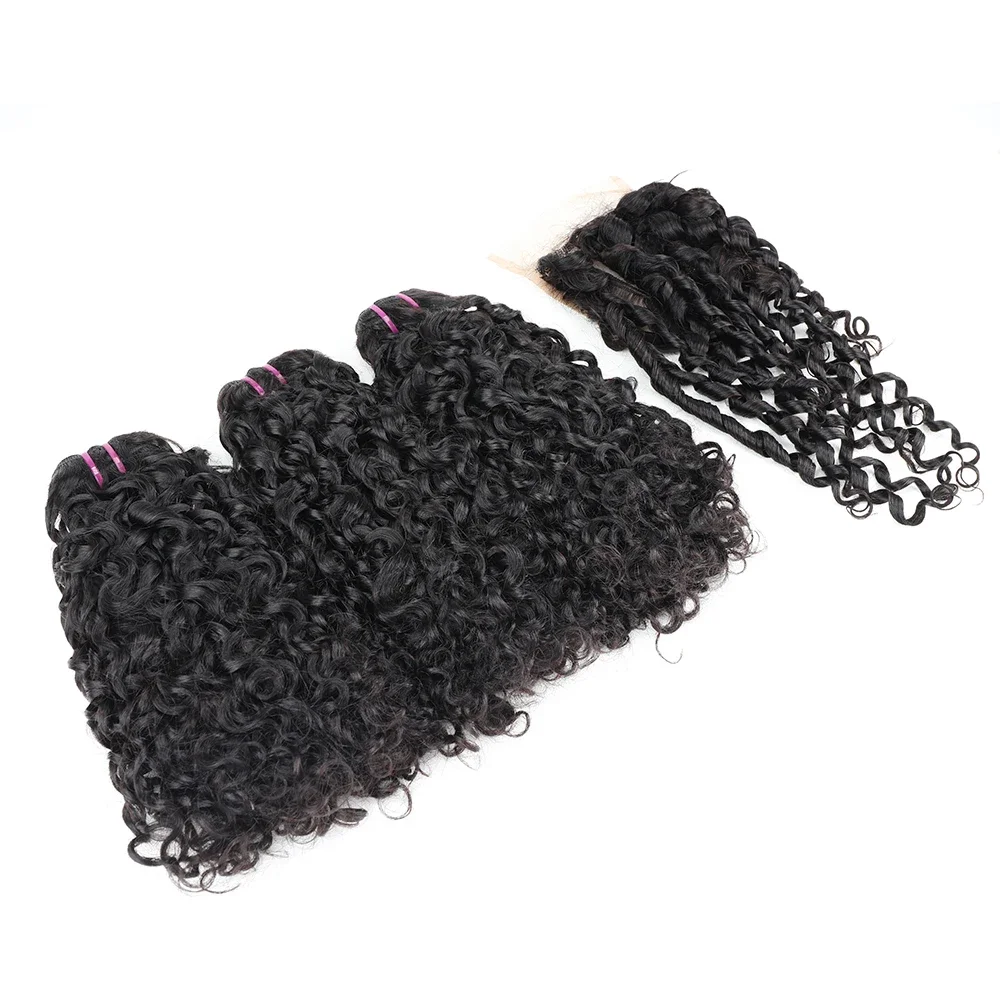 Brazilian Double Draw Hair Weave Pixie Curls Bundles with Closure Remy Kinky Curly Human Hair 3Bundle and 4x4 Lace Closure 300g