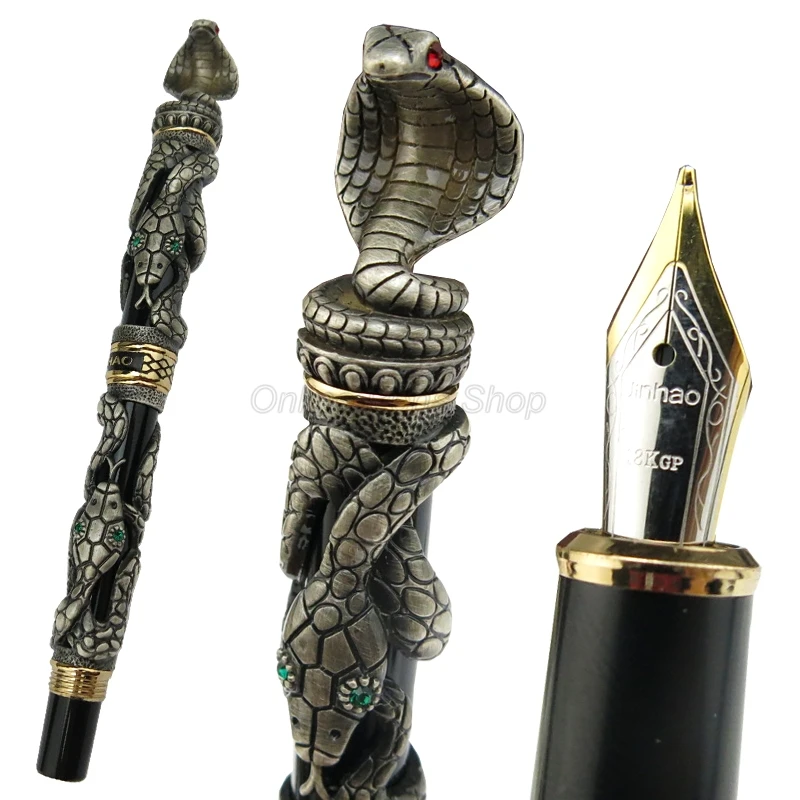 Jinhao Ancient Gray 3D Snake Cobra Texture Relief Sculpture Medium Nib Fountain Pen Gold Trim Professional Office Stationery