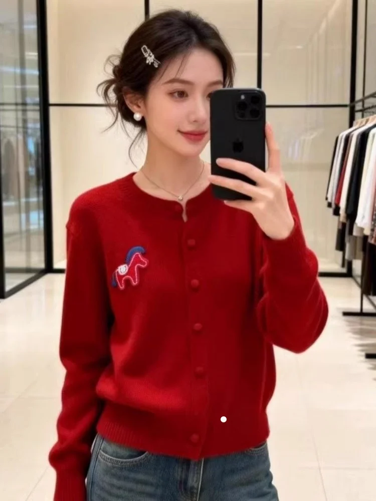 

Ele красный вязаный свитер, женский зимний длинный кардиган с вышивкой для отдыха, удобный крой, модный дизайн