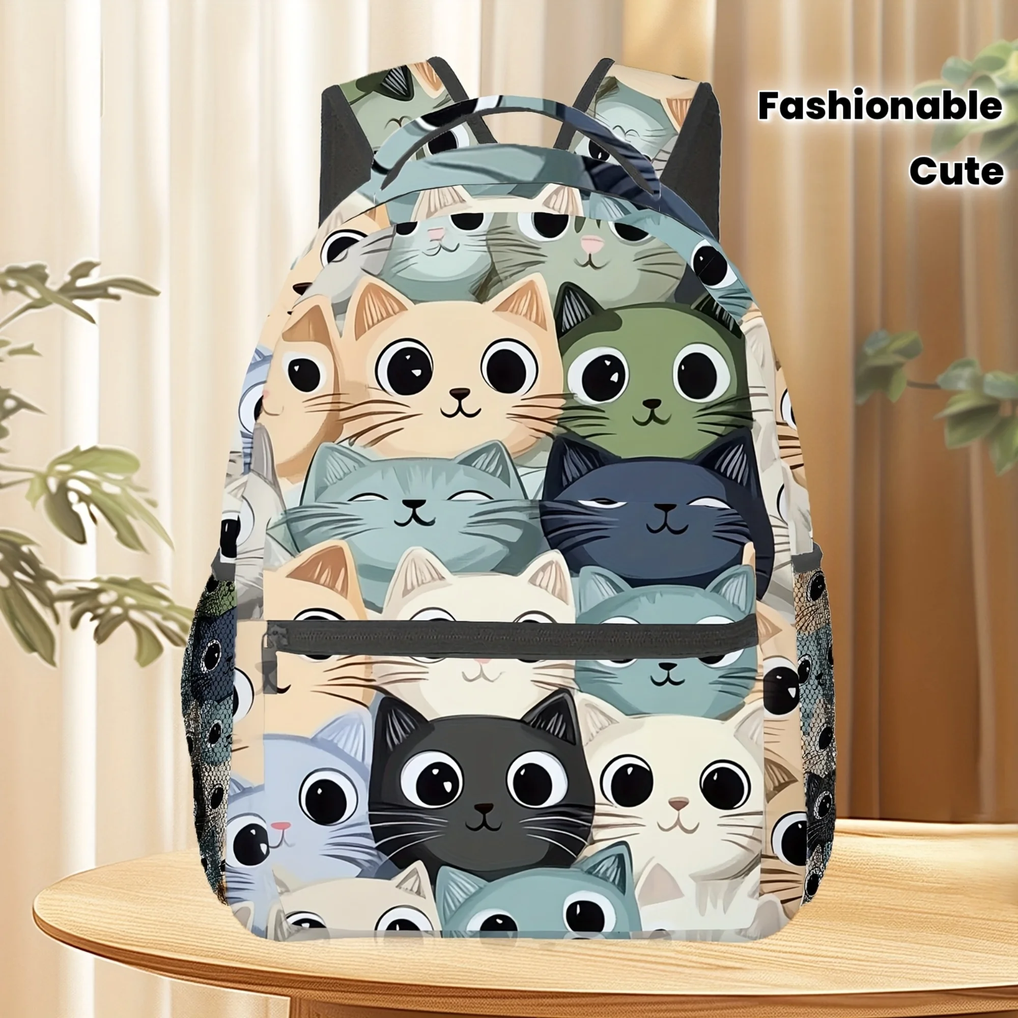 Stylish Cat Print Backpack Women'S Professional Design with Adorable Cat Illustrations Pink Blue Cats Pattern Zip Closure