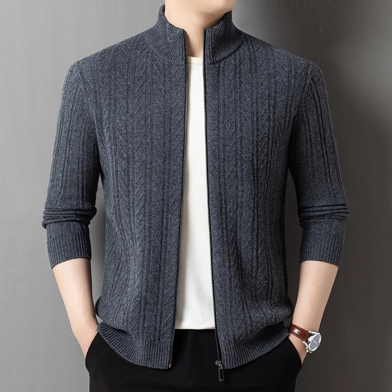 100% แกะขนสัตว์เสื้อสเวตเตอร์ถัก 2025 ผู้ชายฤดูหนาวอินเทรนด์หนาซิปเสื้อแฟชั่นผ้าขนสัตว์ชนิดหนึ่งเสื้อถักอบอุ่นแขนยาว