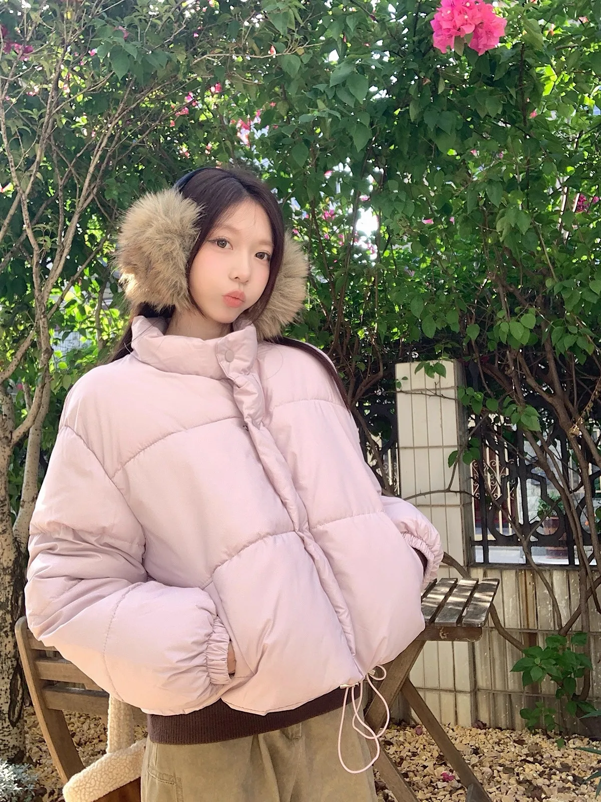 

Thiened Cotton Jaet Women's Warm ort Sle Stand Collar Bread Cotton Coat Spring Season Korean Version Long Sve Zipper