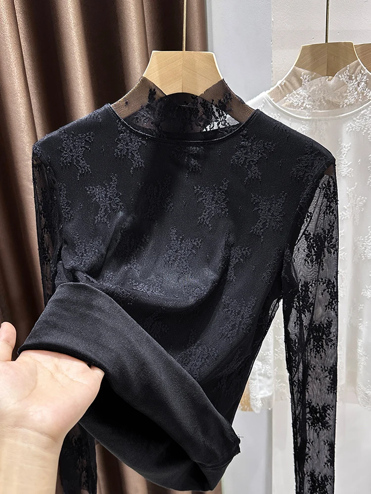

Утепленная женская базовая кофта с высоким воротником и кружевом, осенне-зимняя теплая внутренняя одежда, уникальный укороченный топ из нейлона и спандекса