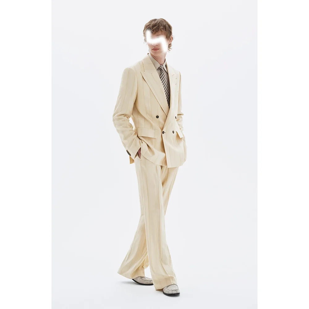 

Beige Stripe Double Breasted Peaked Lapel Men Suits Wedding Evening Party Sets Formal Occasions Suits 2 pieces (Jacket+Pants)