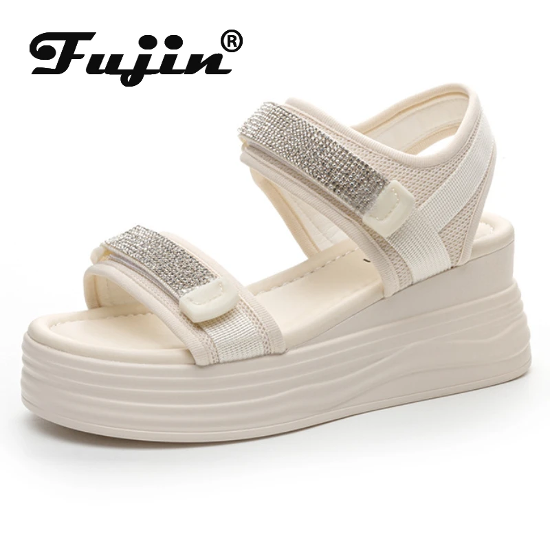 

Fujin 7cm Genuine Synthetic Hook Summer Flats Pumps Bling Platform Wedge Sandals Fashion Shoes Cow Hollow Leather Slippers Women