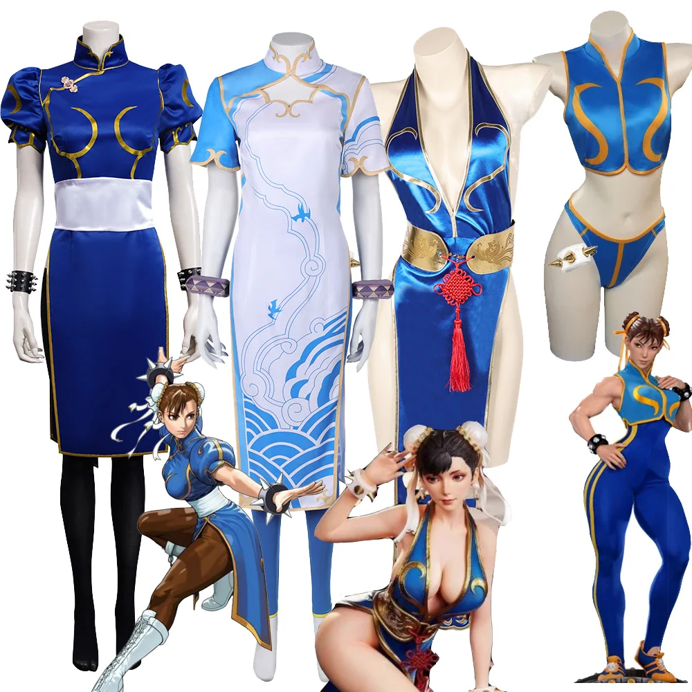 SF Chun Li Cosplay Costume Game Fighter Dress Jumpsuit Coat Swimsuit Female Bodysuit Outfit Halloween Party Disguise Bikini Suit