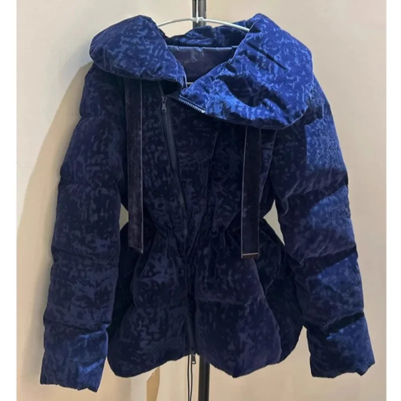 

Winter new down and cotton jacket beautiful short design blue velvet warm cotton jacket for women