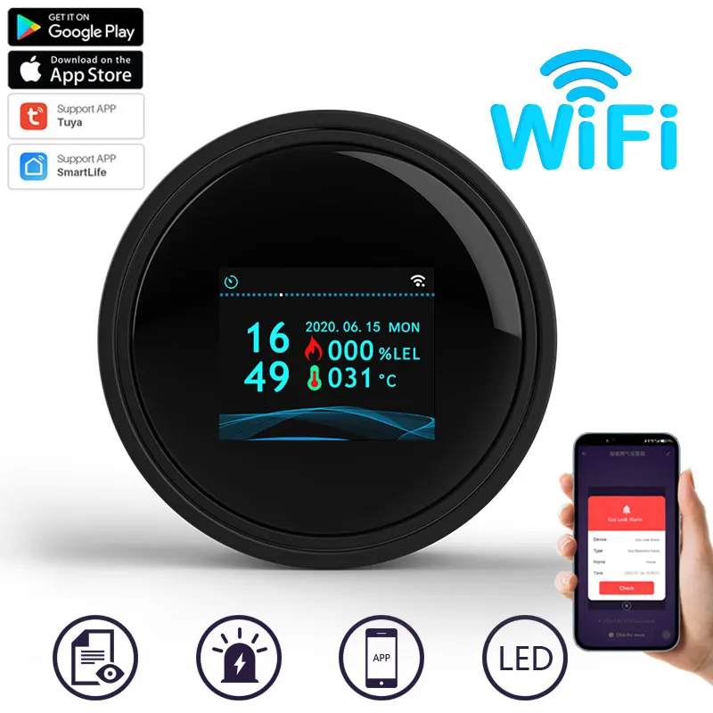 Wifi Natural Gas Sensor Tuya Smart Alarm Gas Leakage Detector Fire Security Digital LCD Temperature Display for Home Kitchen