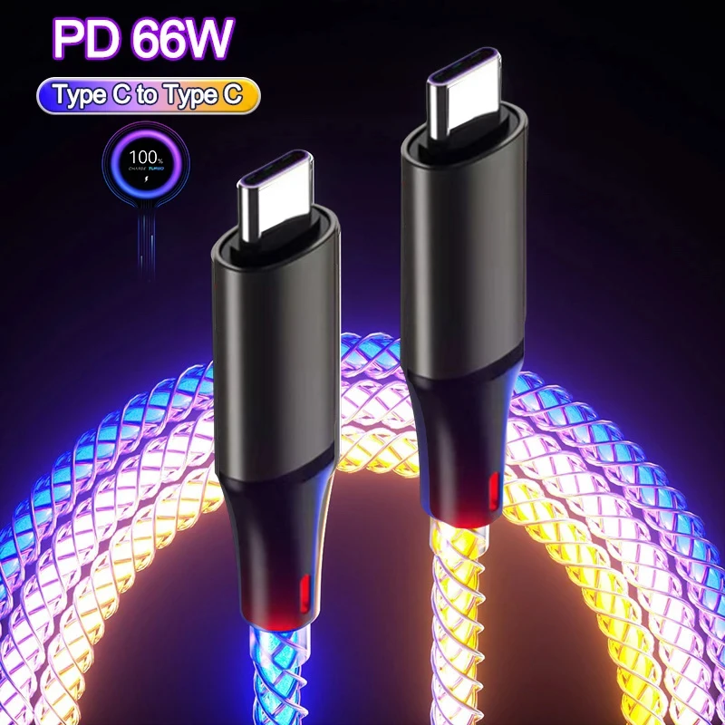 RGB Color Light PD 66W Type C To Type C Fast Charging Data Cable For Xiaomi Redmi Samsung Huawei OPPO 6A USB C Charge Data Cord