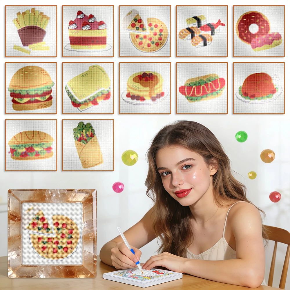 12-teiliges DIY MINI Diamant-Malset: Hamburger, Pizza, Donut, 5D Vollrund-Bohrer, Mosaik, Sushi, Cartoon, Handgemachtes Geschenk