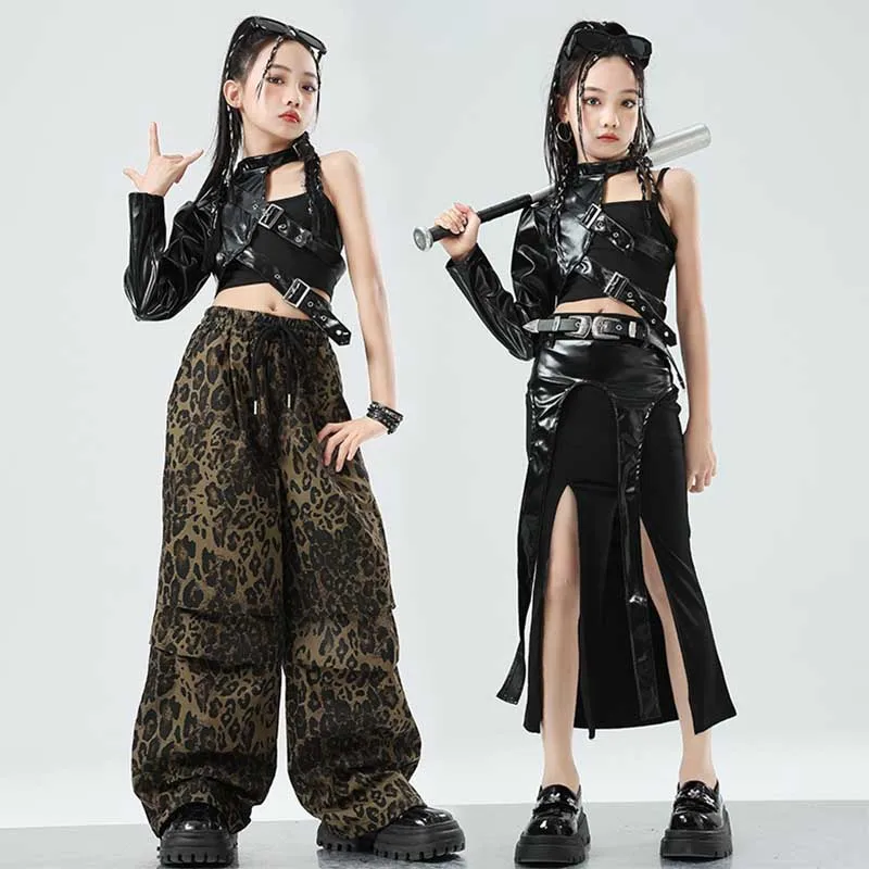 Kind Jazz Dance Kleidung Mädchen Kpop Bühne Outfit Schwarz Einarm Jacke Hip Hop Leopard Hosen Modenschau Kinder Kleidung 1701