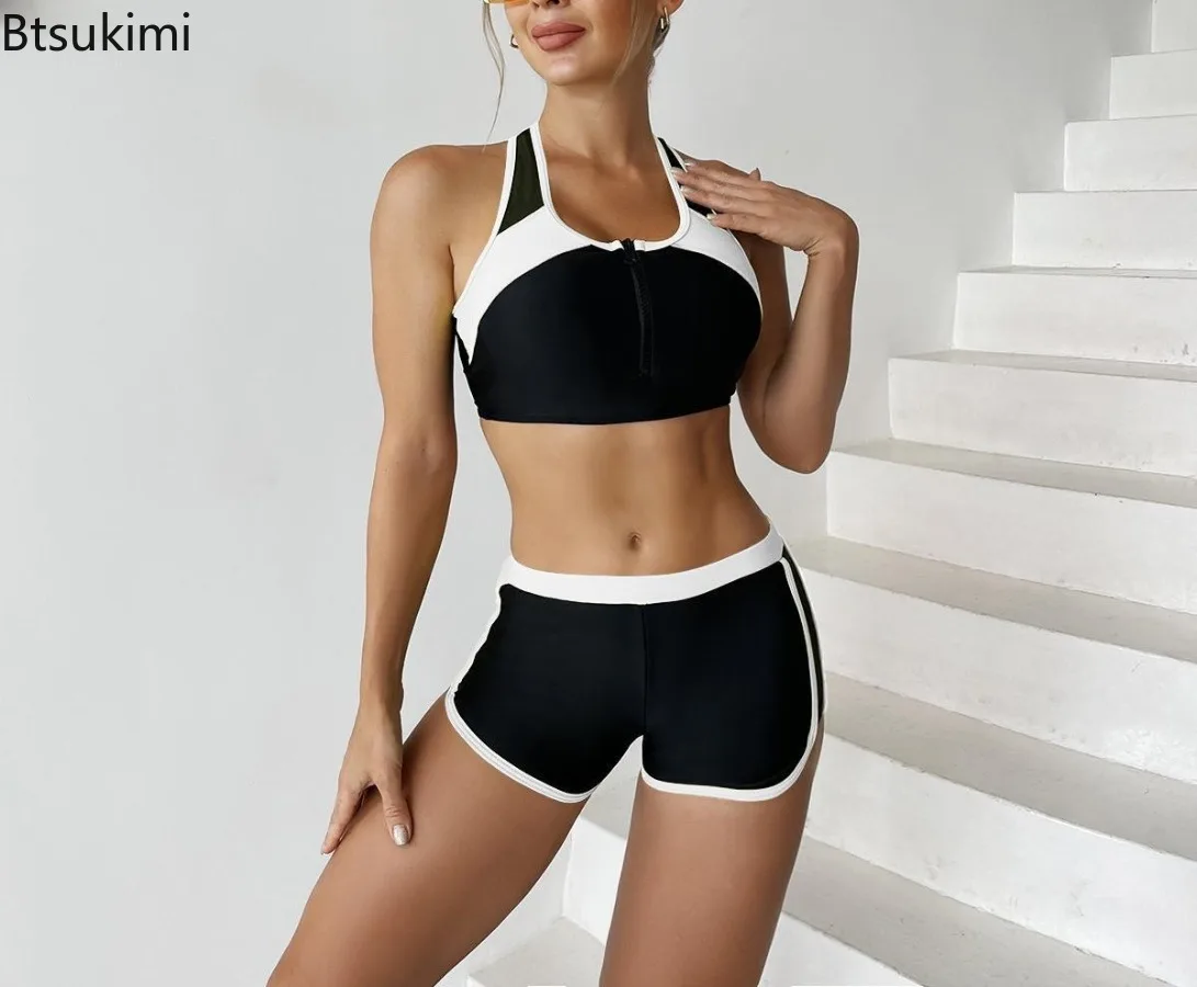 2025 Two Piece Swimsuit Women Zipper Tankini Set High Waist Shorts Swimwear Female Bathing Swimming Suit Sports Beachwear Summer