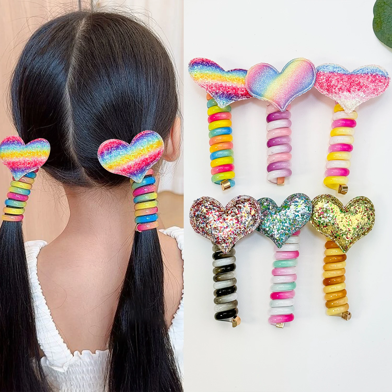 Glitter Heart Elastic Hair Rope Cute Girls Telephone Wire Line Elasticity Rubber Band For Kids Scrunchies Headbands Headwear