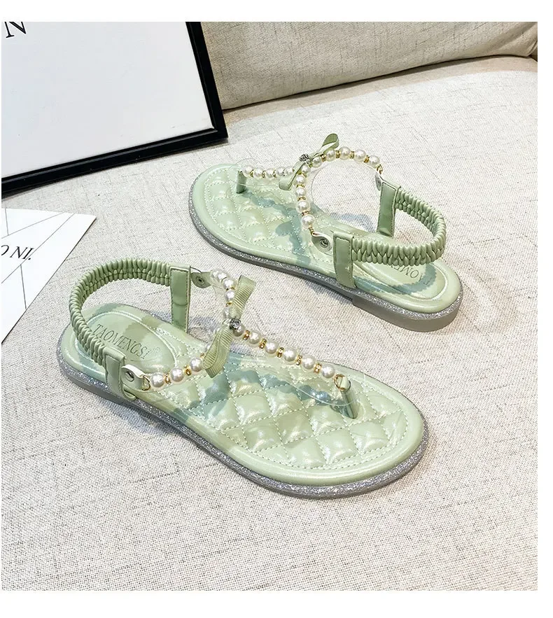 Women Fashion Sandals New Summer Girl Beautiful Pearl String Bead Leisure Slippers Comfortable Casual Shoes