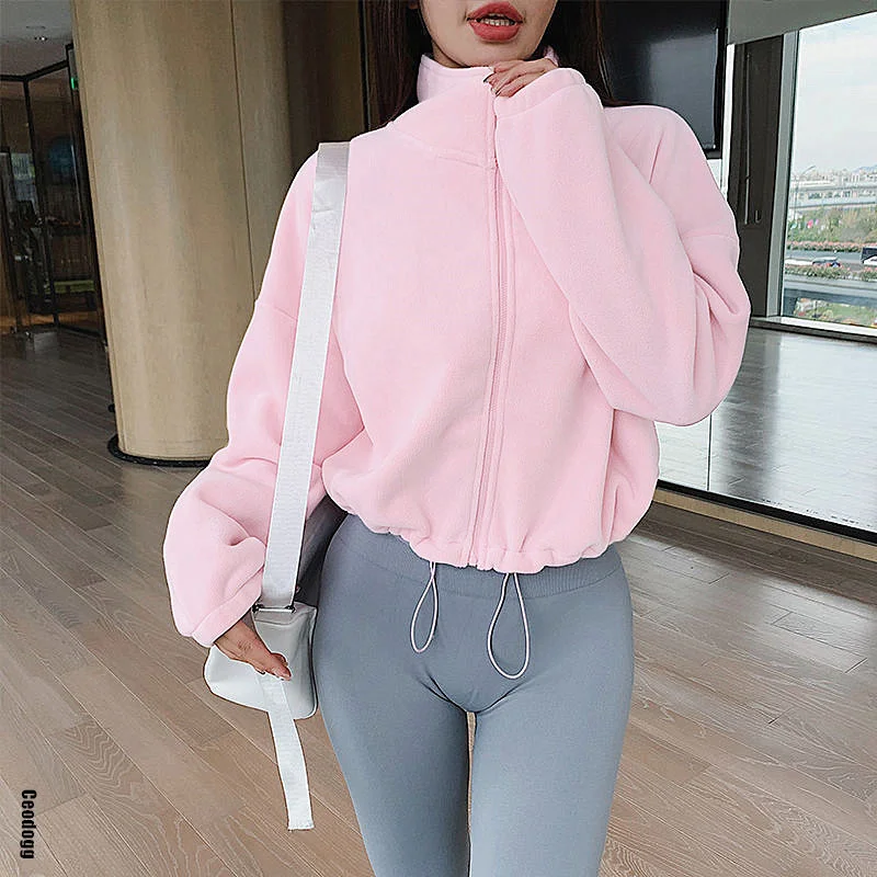 

Женское толстое флисовое теплое спортивное пальто, свободный укороченный топ для бега, йоги, куртка, толстовка для фитнеса, толстовка XP212