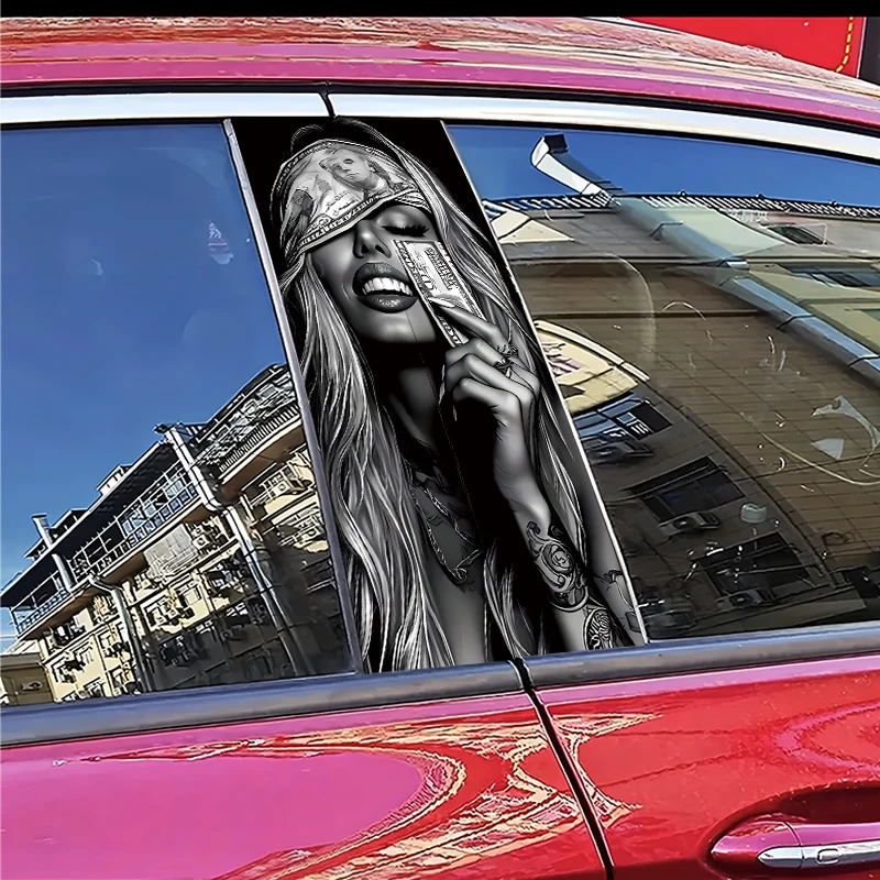 2 pieces of car B-pillar stickers Dollar-Blindfolded Woman Vinyl protective film view 4