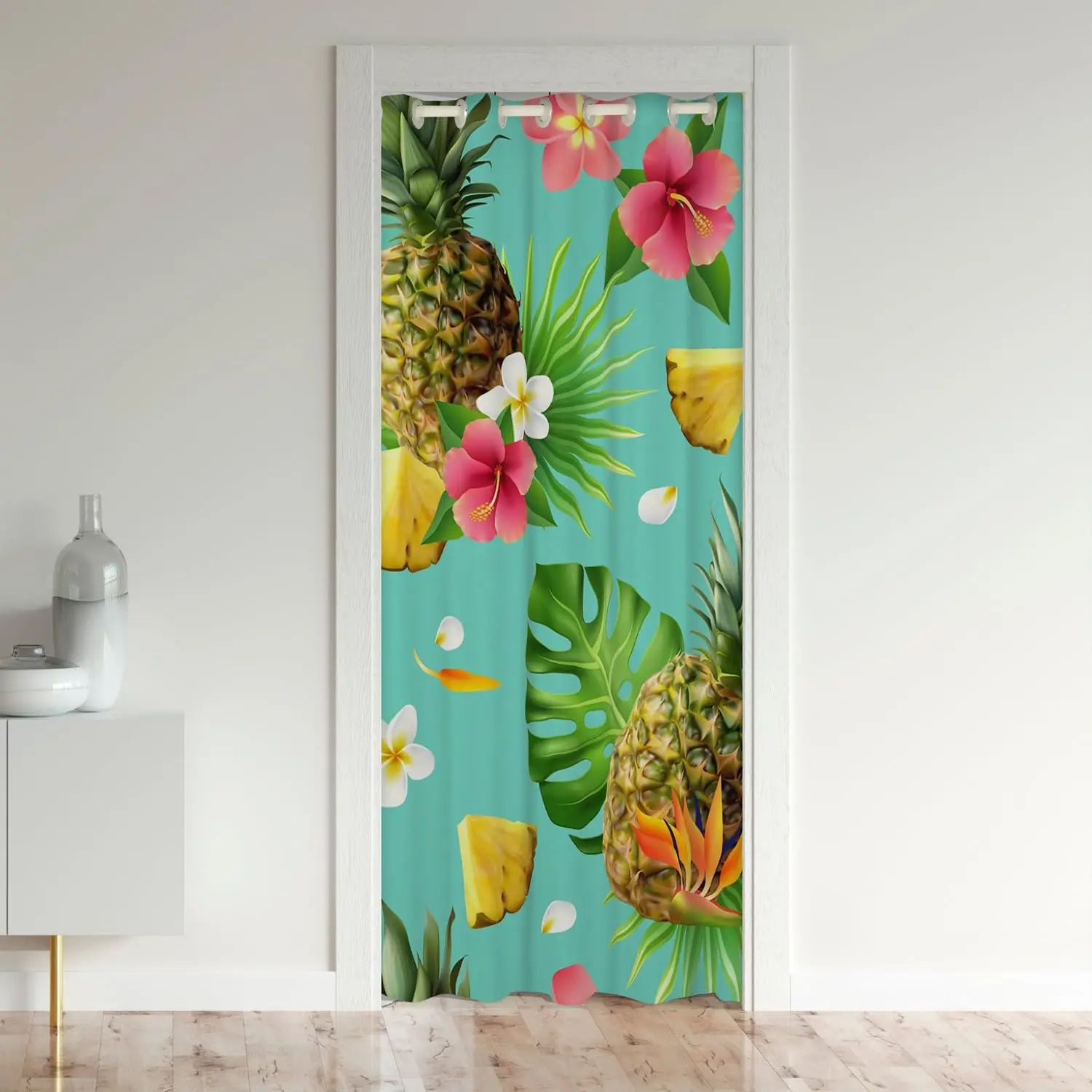 

Pineapple Green Leaves Flower Door Curtains Doorway Closet Curtain for Indoor Kitchen Cafe Bathroom Darkening Window Treatments