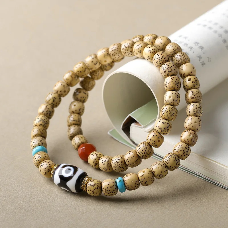 Golden Seed Moon Bodhi Double Circle Three-Eyed Dzi Bead Bracelet Beginners