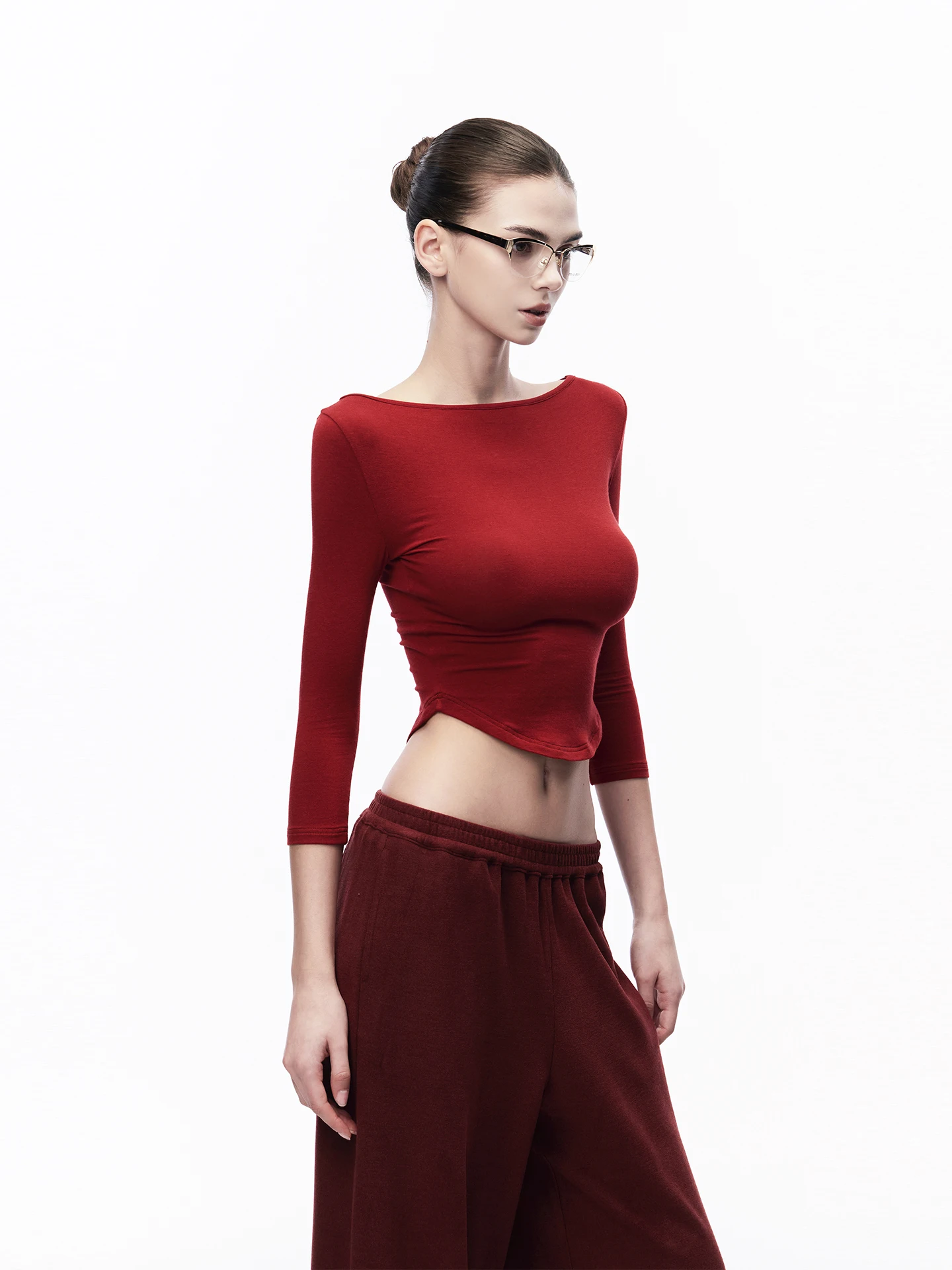 JLAUNT Red Long Sleeve Women's T-shirt Summer Slim Fit Short Style Base Layer Shirt American Hot Girl Top Seven-Quarter Sleeve