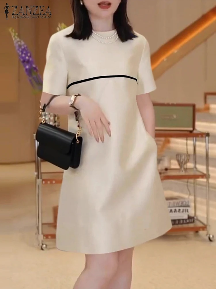 فستان ZANZEA 2025 صيفي قصير للنساء موضة المكتب كورية برقبة دائرية رداء فضفاض غير رسمي من الساتان فستان صيفي قصير ملابس الشارع #3