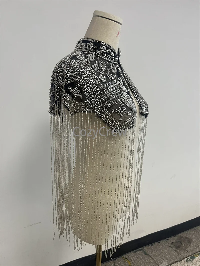 Retro Luxury Sequin Beaded Fringe Tassel Short Shrug Jacket, Women Elegant Formal Bolero Cape Shawl Wrap Sequined Evening Wrap - view 5
