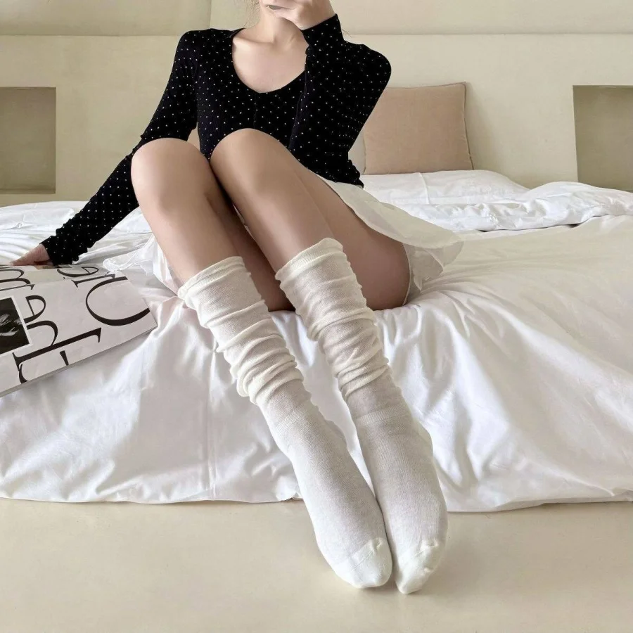 Women Spring Autumn Solid Color Calf Socks Fashionable Korean Version Minimalist Bubble Mouth Ballet Style Casual Sock image 3