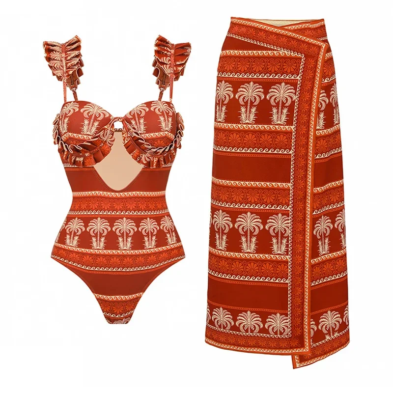 FLAXMAKER Ethnic Printed One Piece Swimsuit and Skirt Women Swimwear Bodysuit Dress