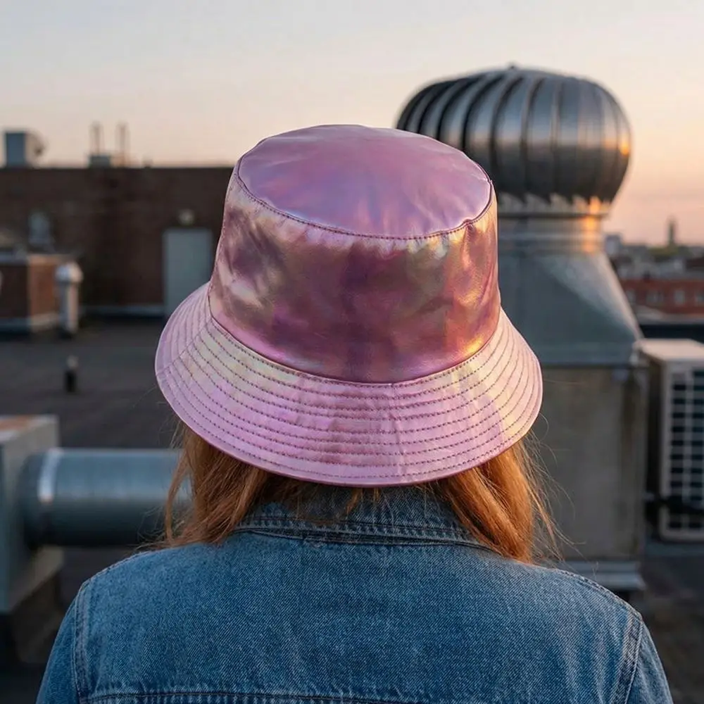 Leather Luminous Bucket Hat Wide Brim Single Sided Laser Rainbow Fisherman Hat Solid Color Gold Shiny Sun Cap Outdoor Travel