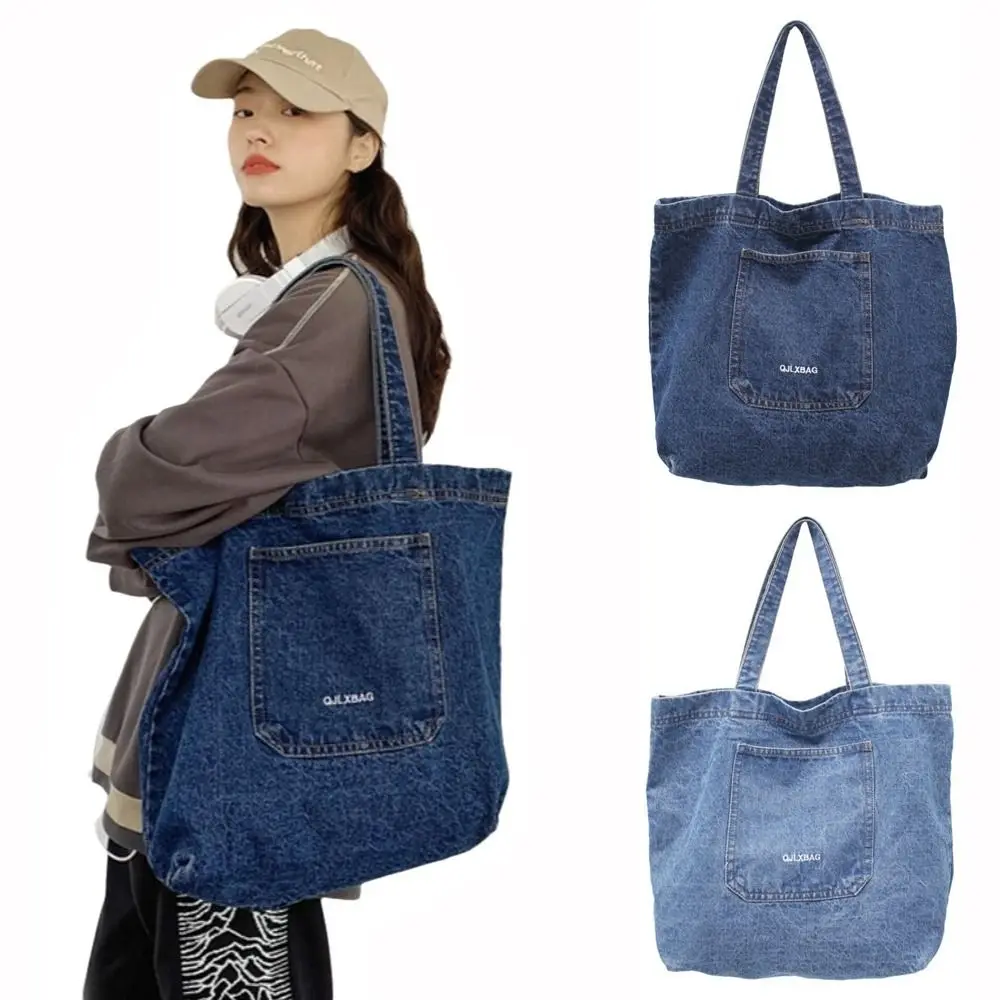 

Fashionable Versatile Denim Shoulder Bag Retro Solid Color Canvas Tote Bag Large Capacity Soft Bucket Handbag
