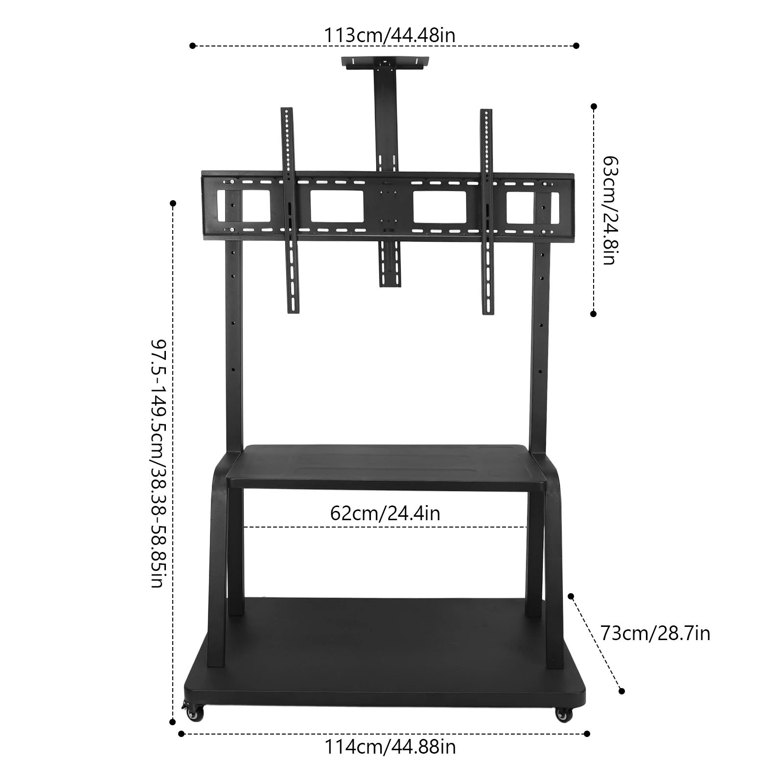 حامل بعجلات على الأرض مع عجلات رف قابل للتعديل حامل تلفزيون دوار أقصى تحميل يصل إلى 660 رطل عربة تلفزيون شديدة التحمل لشاشة 50-120 بوصة