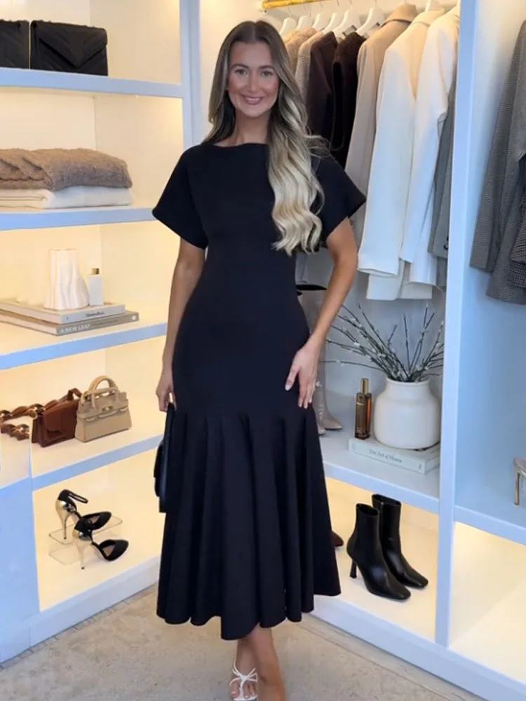 HH 2026 Women Summer Fashion Solid Midi Dress Side Zipper Pleated Woman Ship-type Short Sleeved Stitching Holiday Party Dress