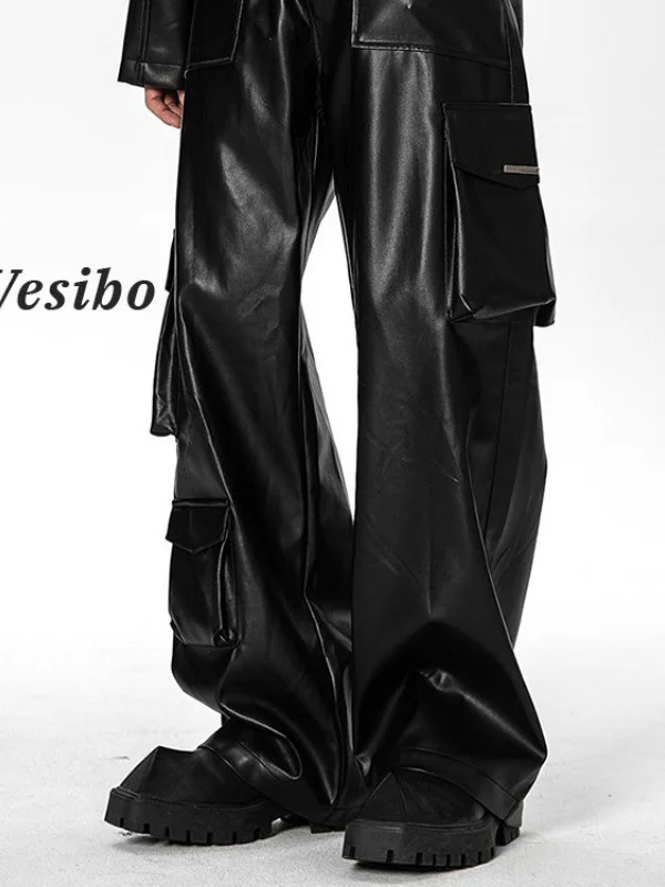 

Black Leather Pants Men's Loose Youth Sport Wide Leg Long Trousers Hip Hop Trendy Brand American High Street Functional Style