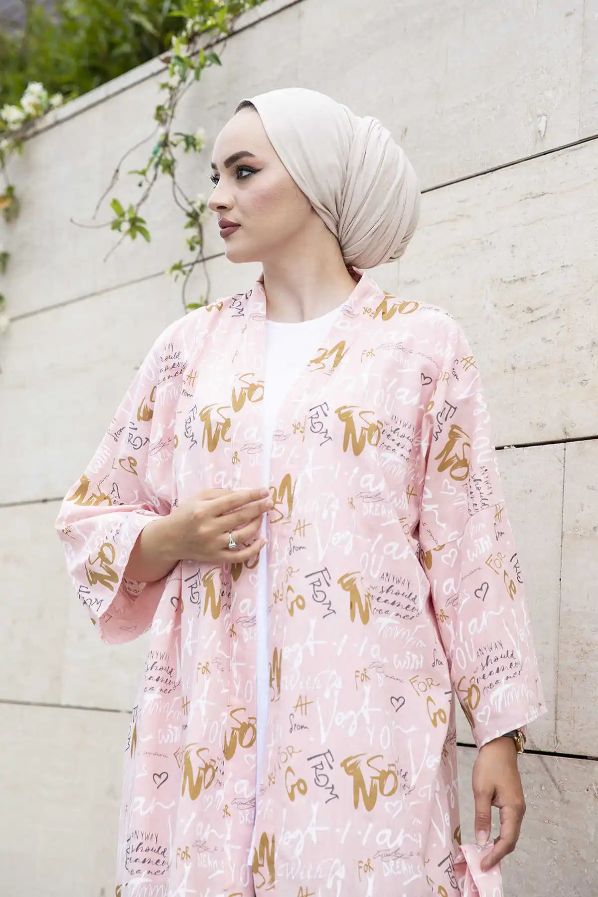 Lettering Printed Kimono MD-Powder Winter Autumn 2021 Muslim Women Hijab headscarf Islamic Turkey