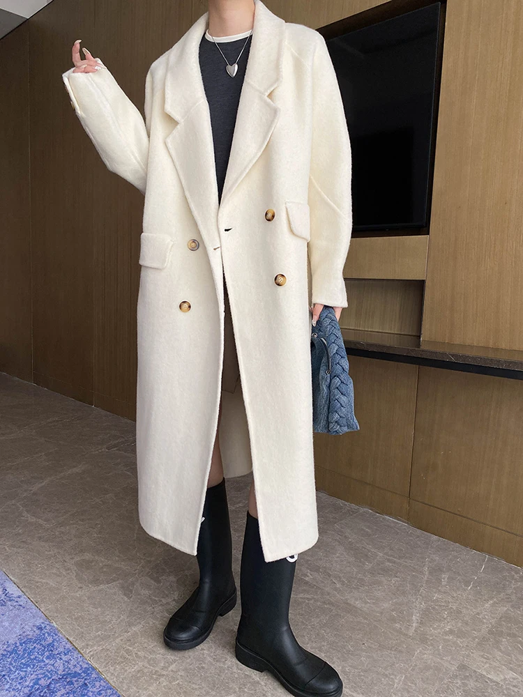 66% Wool Oat Color Big Size Elegant Woolen Coat New Lapel Long Sleeve Women Jacket Fashion Tide Autumn Winter