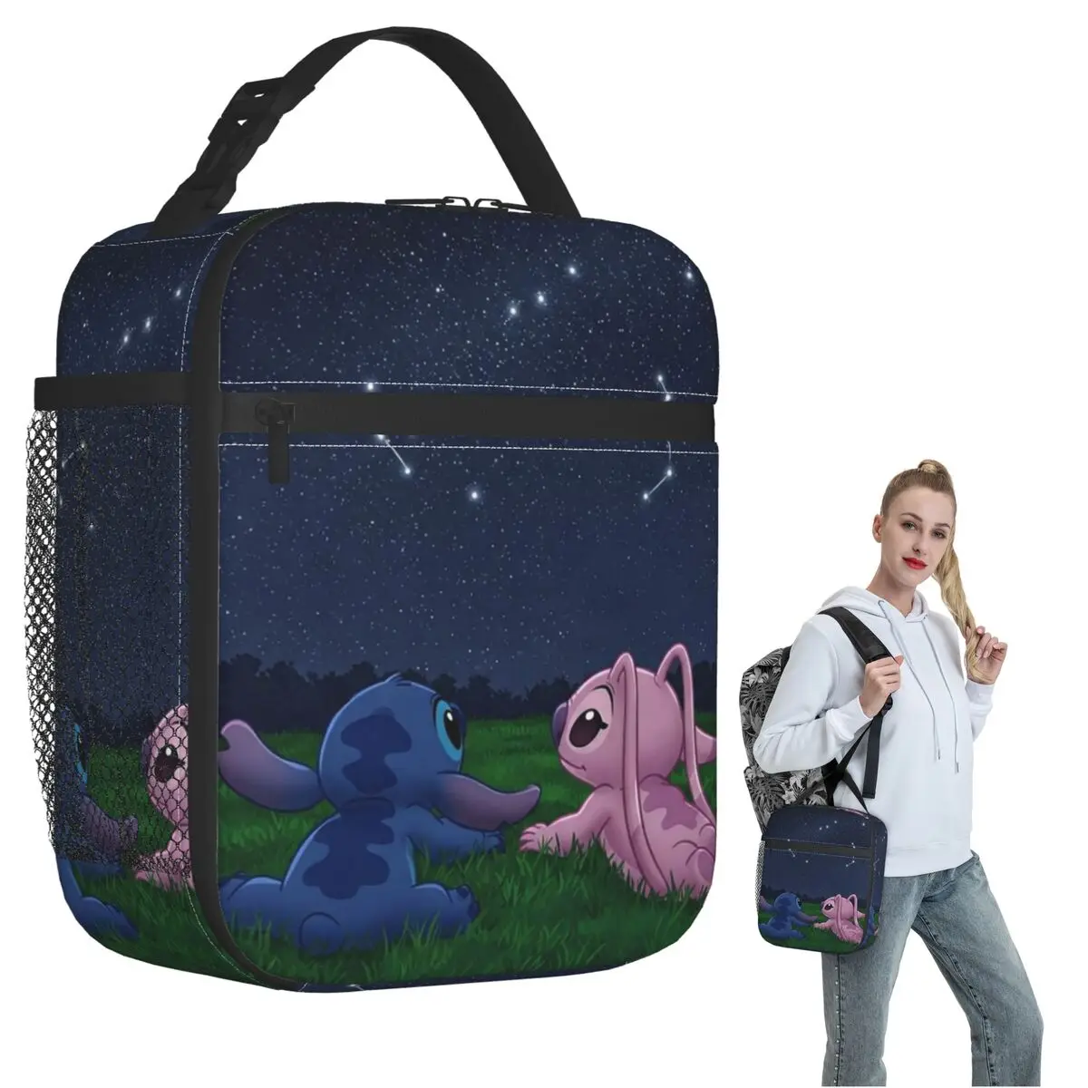 

Stitch And Angel Cartoon Insulated Lunch Bag for Women Children Leakproof Food Boxes Thermal Lunch Box Tote