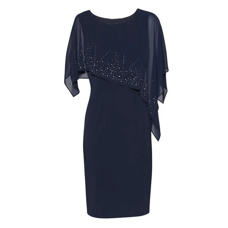 Customized Dark Navy Blue Cocktail Dress with Beaded Chiffon Capelet for Mother of the Bride Dresses For Wedding Formal