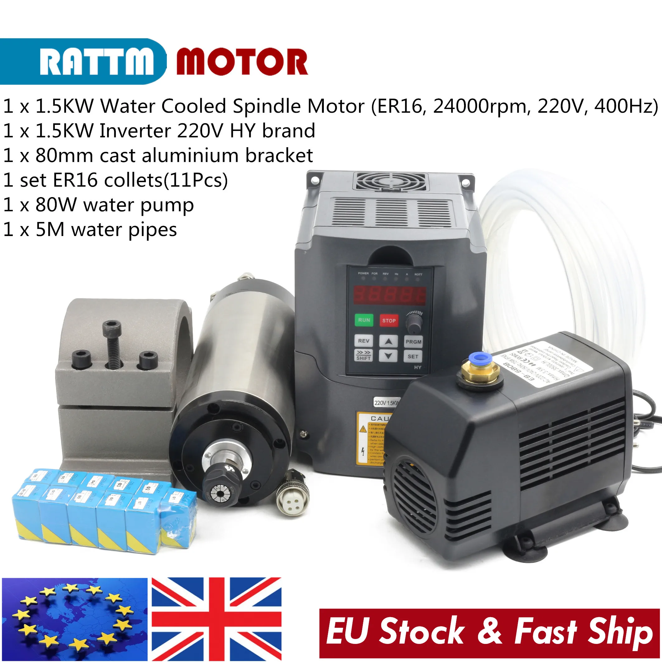 【EU】1.5KW Water Cooled Spindle Motor Kit 110V or 220V Inverter 80MM ER16 Clamp For Lathe CNC Engraving Milling Cutting Machine