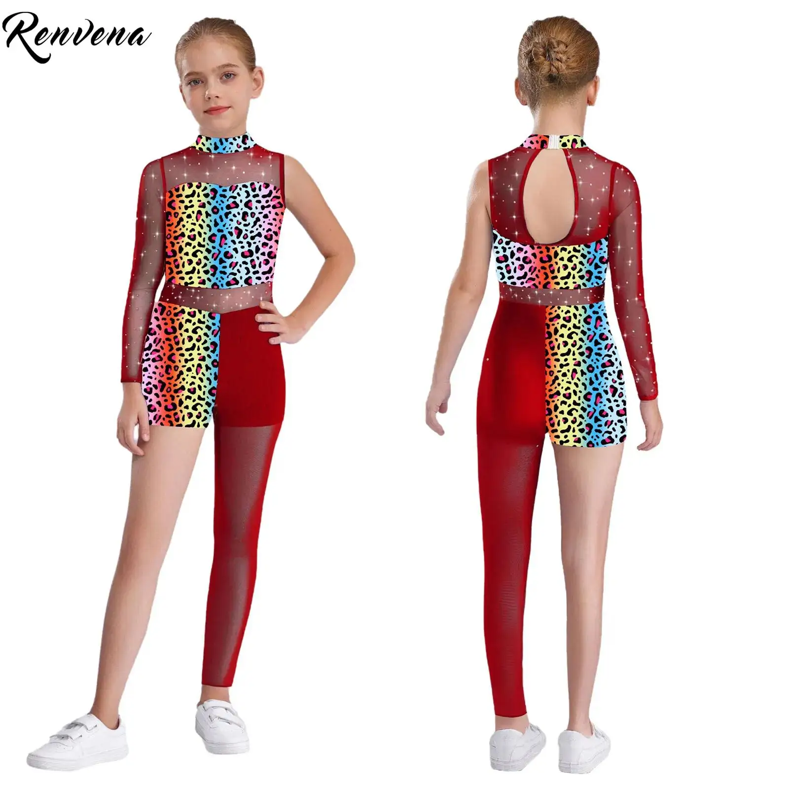 

Гимнастический комбинезон с принтом для детей и девочек, спортивный купальник со стразами, прозрачное сетчатое асимметричное боди для сценического выступления