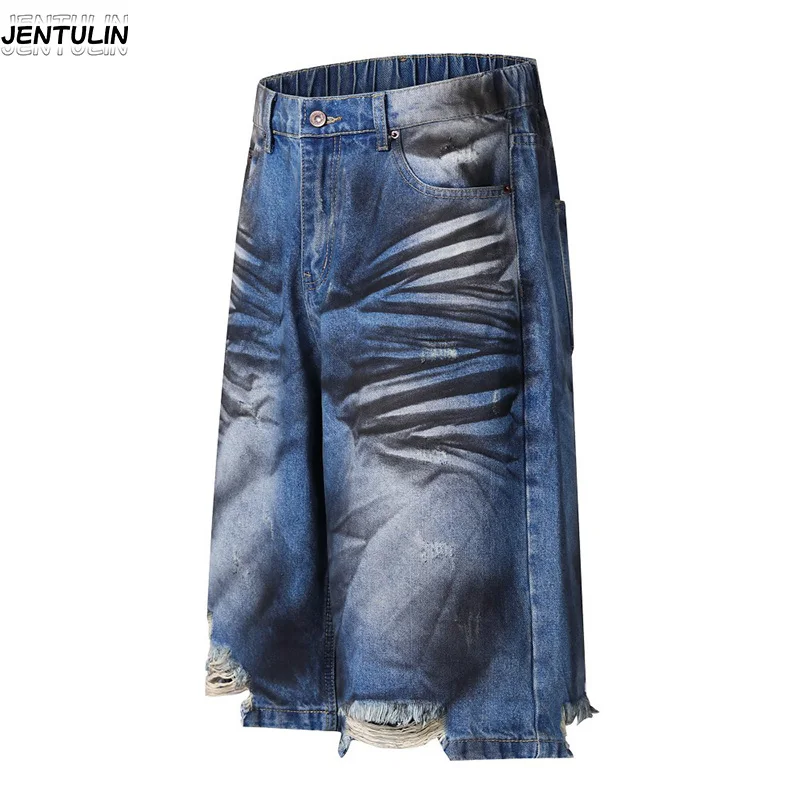 

Aesthetic Dirty Dyed Ripped Denim Short Vintage Fashion Short Sleeved Men Streetwear Wide Leg Pants Harajuku Women Sports Pants