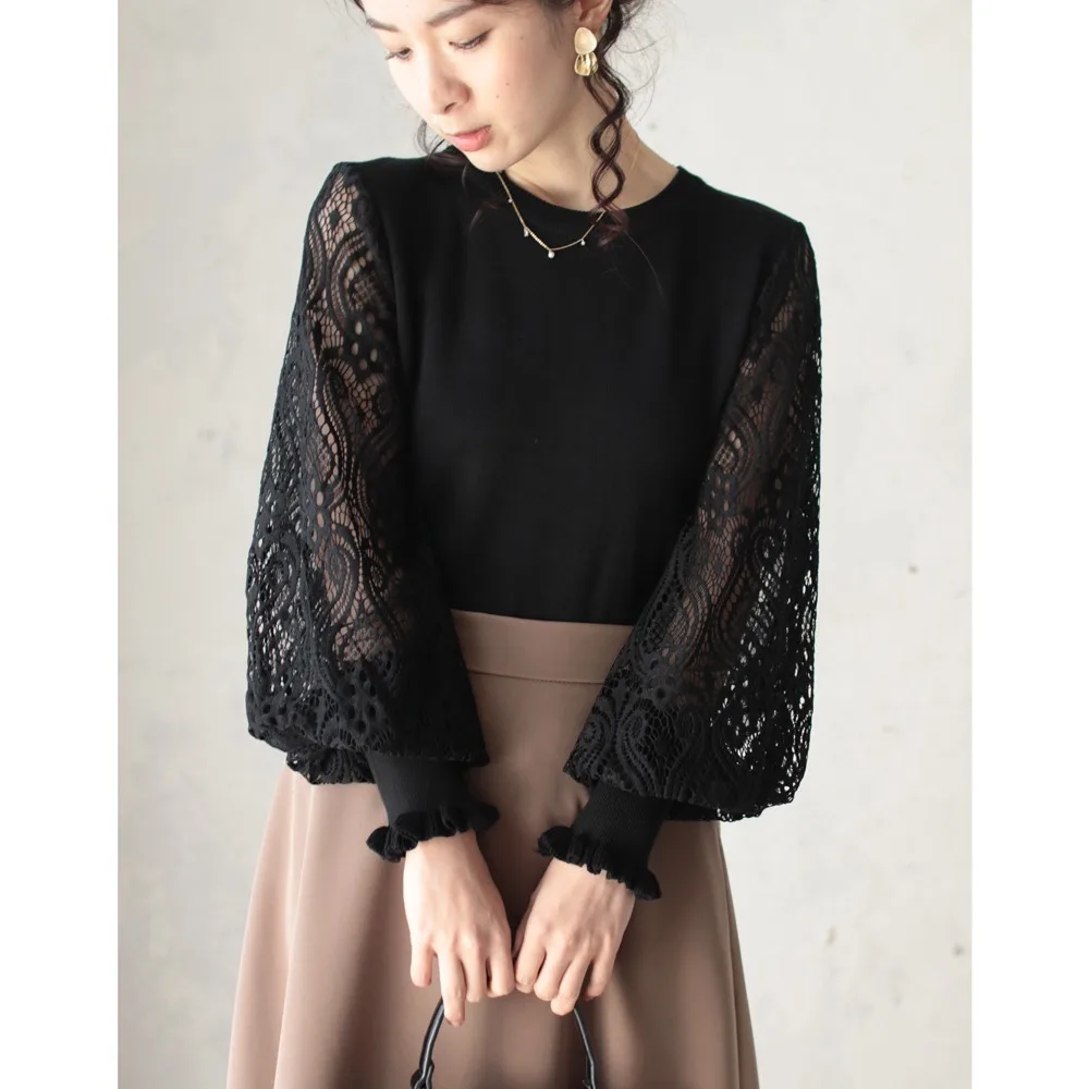 Japan and South Korea's new 2022 autumn women's lace bubble sleeve fashion casual pullover sweater top