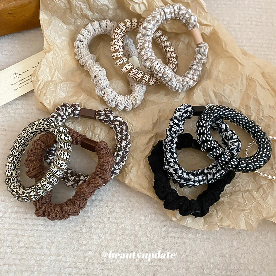 

3pcs High-Stretch Wrinkled Leopard Print Hair TieSimple and Versatile Basic Style Hairband High Ponytail Elastic Woman Accessory