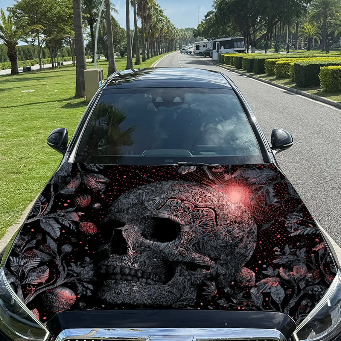 

Skull with Red Eyes and Exquisite Patterns Car Vinyl Wrap, PVC Material Waterproof Car Hood Sticker, Self-Adhesive Scratch-Resis