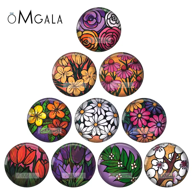 Colorful Cute Flower Watercolor Art Paintings 10pcs 12mm/18mm/20mm/25mm Round photo glass cabochon demo flat back Makings