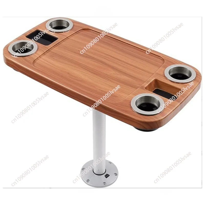 Brown Square Boat Table with Built-In Cup Holders Marine Pedestal and Lock Package-Durable Plastic Material